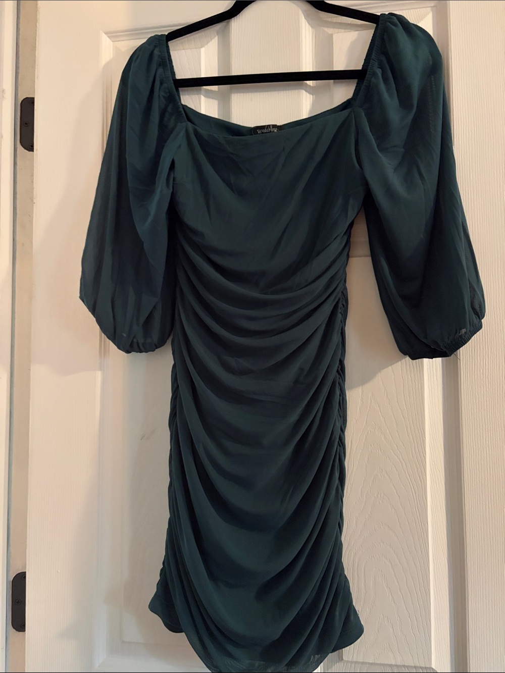 Speechless Teal Green Ruched Midi Dress with Puff Sleeves